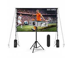 Beamer met WiFi & Bluetooth, 100 Inch Projectiescherm & Standaard van MMOBIEL – Native 1080P, 320 ANSI, 4K Ondersteuning, Automatische Keystone Correctie, 200 Inch – Voor HDMI, USB, iOS & Android