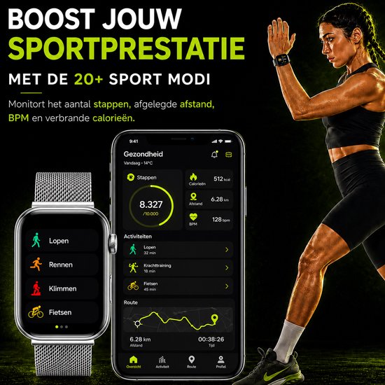 Royal Supplies RF-93 Smartwatch - Smartwatch Heren - Smartwatch Dames - Belfunctie- HD Touchscreen - Horloge - Stappenteller - Bloeddrukmeter - Saturatiemeter - IOS & Android -Screenprotector- Zilver staal