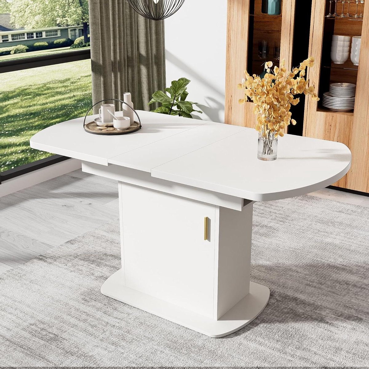 Eettafel Uitschuifbaar - Eettafel met Opbergruimte - Ruimte Besparen - Flexibel Verstelbaar - 130 cm Lengte - Wit met Goud