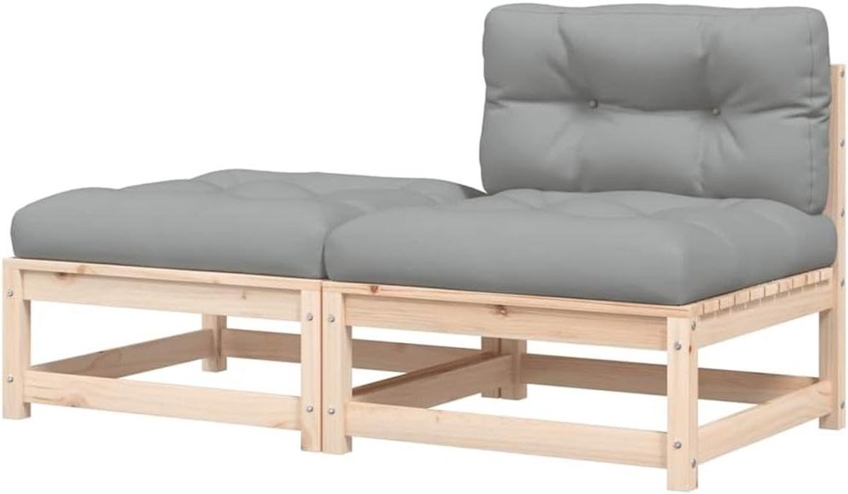 Tuinbank met kussens - Buitenbank lounge - Gezellig buiten zitten - Massief grenenhout ontwerp - 1 stuk - Naturel en grijs