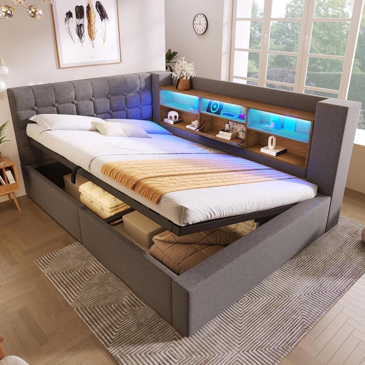 Gestoffeerd Bed - Slaapbank Dagbed - Ruimte Besparen - Met Opbergruimte - 140x200cm - Grijs