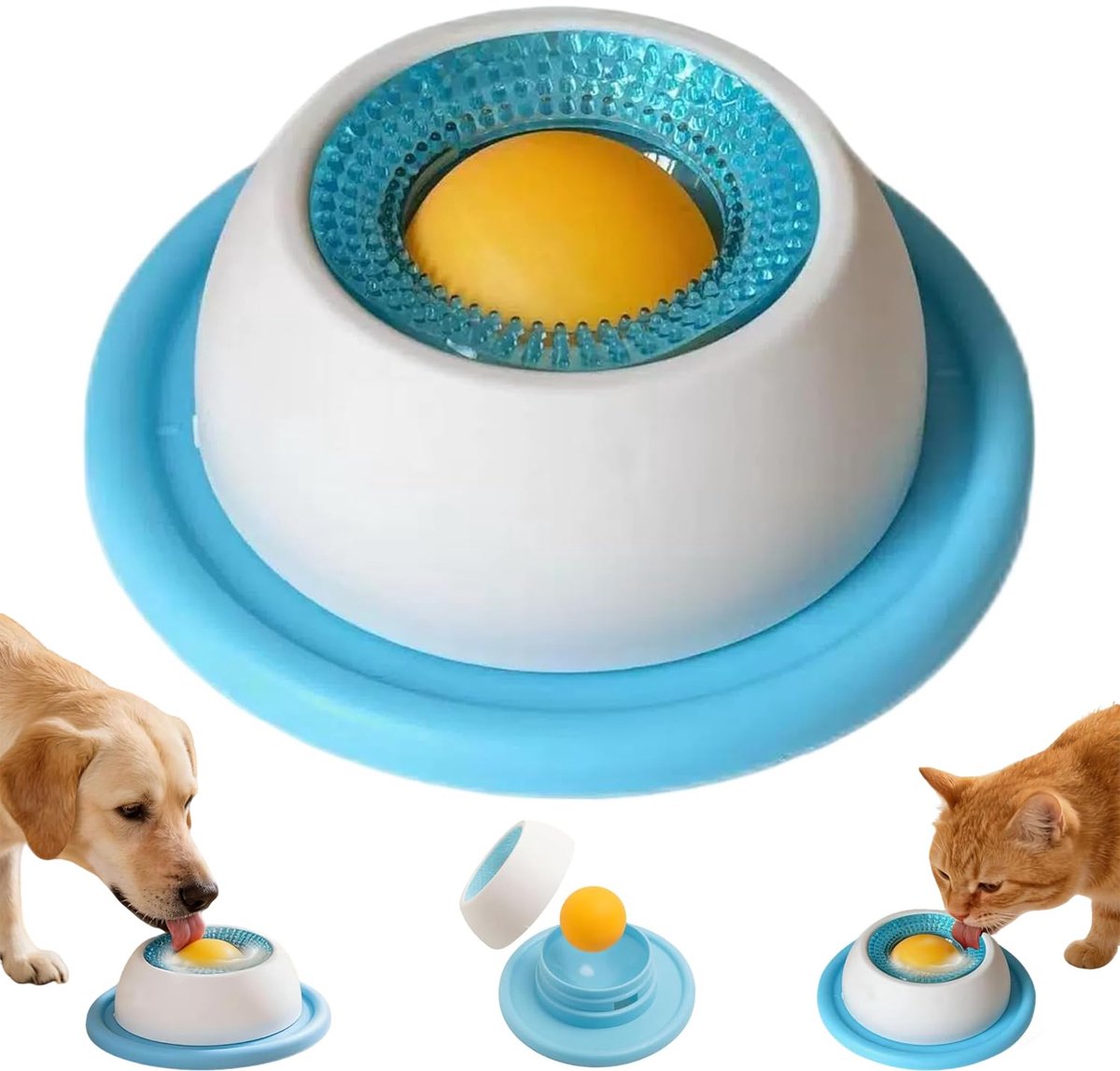 Likbol voor honden - Voerbak met draaiende bal ter verlichting van angst bij honden, voerbak voor vloeistoffen die langzaam eten bevordert, stress vermindert en snel eten voorkomt, antislip en gemakkelijk schoon te maken (blauw)