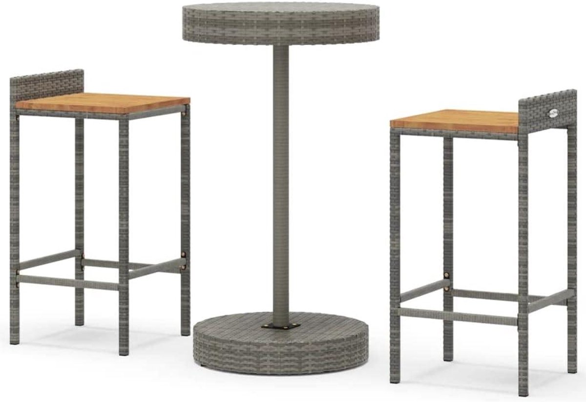 Tuinbarset 3-delig - Buitenmeubilair set - Genieten buiten - Polyrotan acaciahout - 40 x 44 x 86 cm - Grijs
