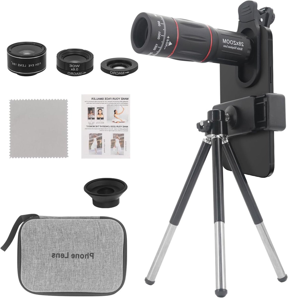 4-in-1 Smartphone Camera Lens Set met 28x Telelens, 25x Macro, 198° Fisheye en 0.6x Groothoek, Inclusief Clip en Mini Statief voor iPhone en Android Smartphones