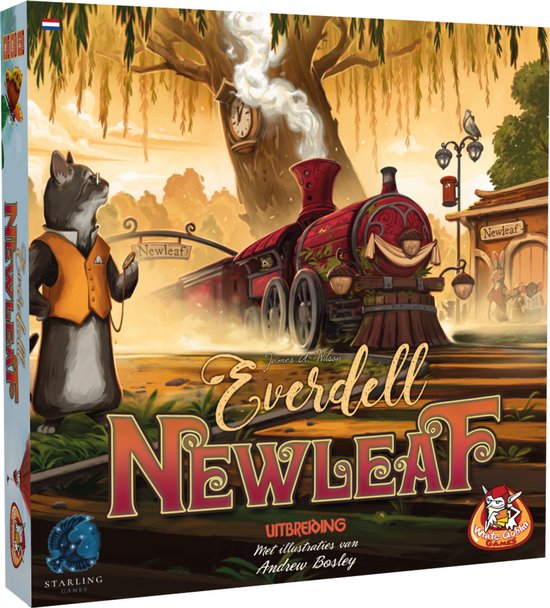 Speldoos van Everdell Newleaf: een kat in een vest bij een stoomtrein en een station in de herfst.