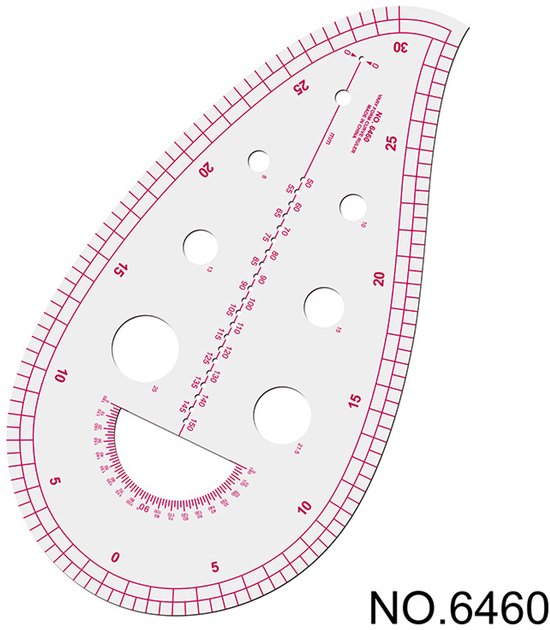 Transparante, roze naaipatroon liniaal met schalen in inches en millimeters. Nummer 6460.