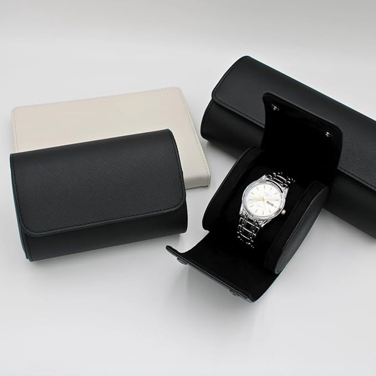 Draagbare horloge-organizer voor op reis - Luxe oprolbare reiskoffer voor horloges, gemaakt van gerecycled leer, geschikt voor zowel mannen als vrouwen, voor het opbergen en tentoonstellen van horloges (WCASE-1 - Vintage Zwart)
