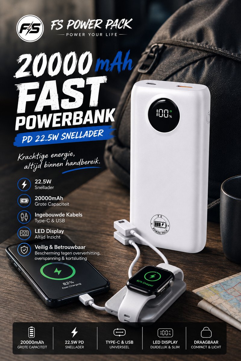 20000mAh Fast Powerbank -PD 22.5W Snellader- FS Power Pack Powerbank 20000mAh – 22.5W – Met Ingebouwde Kabels – LED Display – Type-C & USB – Wit-Powerbank led display - Draagbare oplader - Externe batterij - Grote capaciteit - Powerbank- Snellader – foto 8