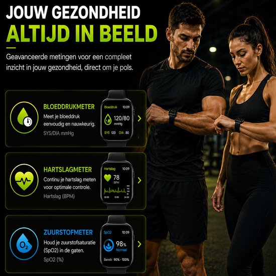 Royal Supplies RF-93 Smartwatch - Smartwatch Heren - Smartwatch Dames - Belfunctie- HD Touchscreen - Horloge - Stappenteller - Bloeddrukmeter - Saturatiemeter - IOS & Android -Screenprotector- Zwart