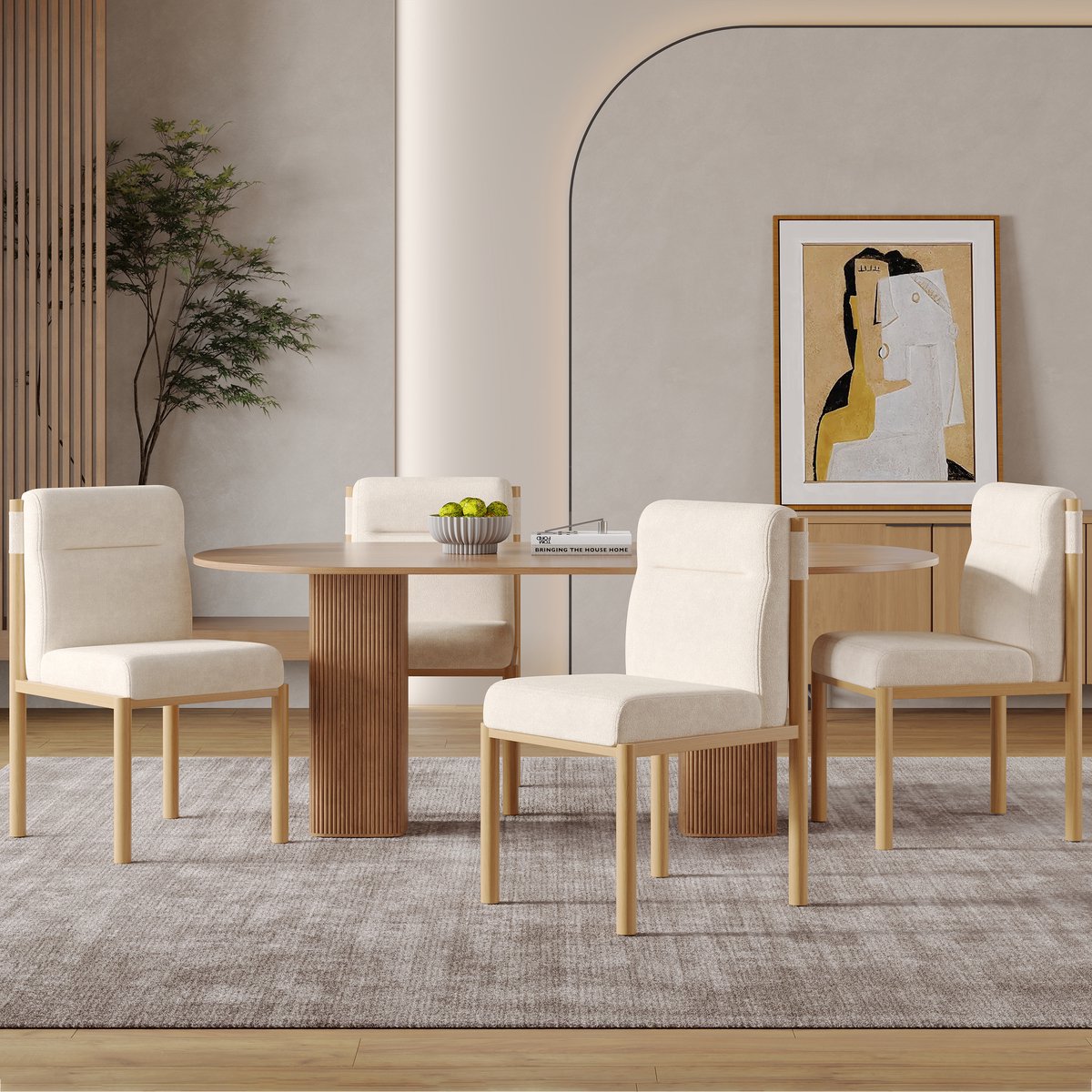 Eetkamerstoel Set van 4 Beige Sherpa Met Dikke Polstering En Eikenhout Optiek Metalen Frame Voor Eetkamer En Woonkamer