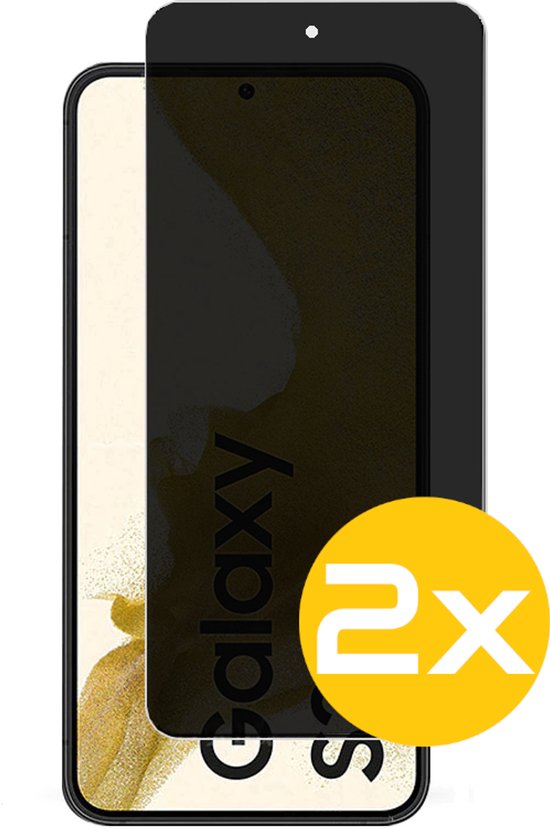 Samsung S22 met privacy screenprotector, met '2x' label. Beschermglas is zichtbaar.
