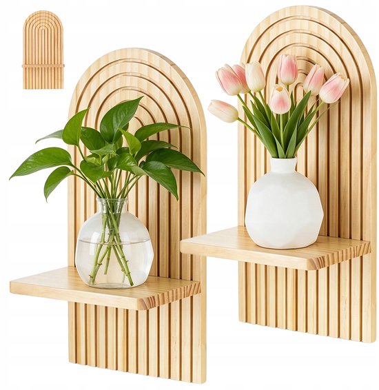 Houten Wandplank - 35x18x12cm - Massief Dennen Hout Vintage - Zwevend Ontwerp 3D Boog Stijl - Decoratief & Opbergrek - Voor Woonkamer, Slaapkamer & Hal