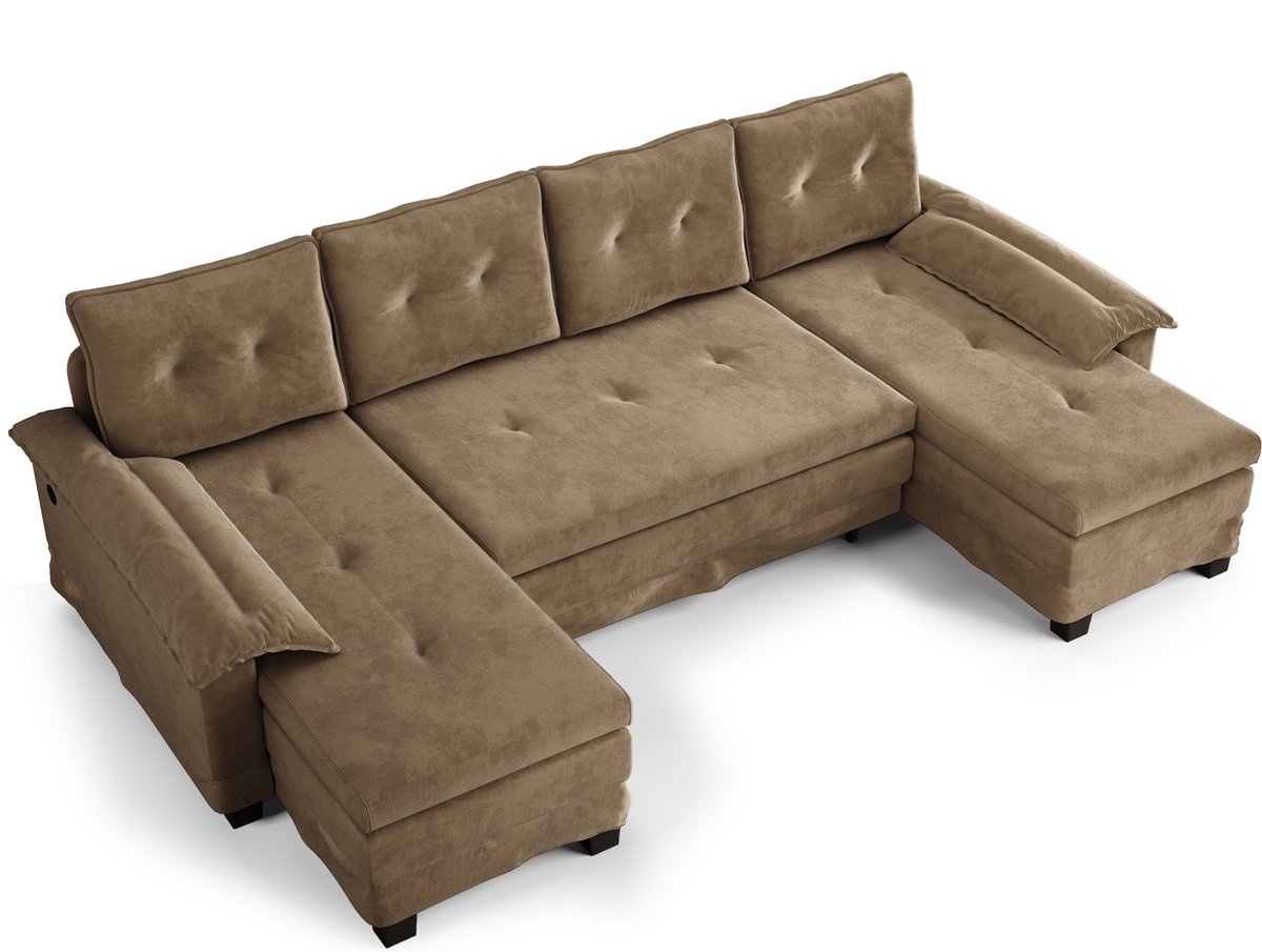 REDOM - U-Vormige Slaapbank - Uitschuifbaar En Modulair - Modern - Voor Woonkamer - Chenille - Khaki - 278 X 127 X 87 Cm