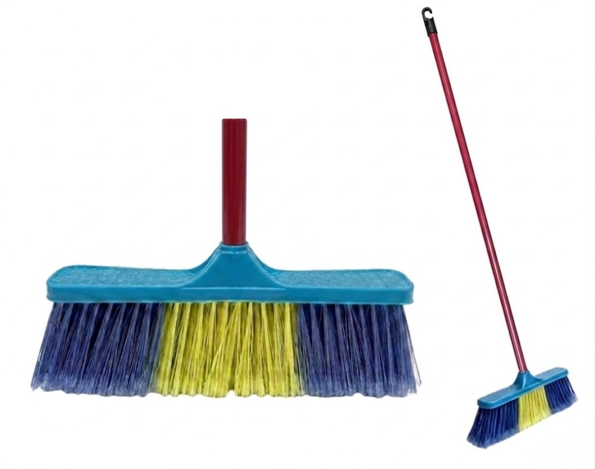 Clean bezem met Lange Steel - 134x32 cm - Professionele Kamerbezem voor Parket, Laminaat & PVC - Anti-Statische Vloerveger - Verwijdert Dierenharen & Stof - Ergonomische Huisbezem - Krasvrije Vloerborstel voor Woonkamer & Keuken - Blauw/Rood