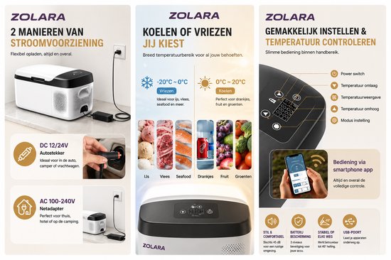 Zolara Draagbare Koelbox - Koelen en bevriezen - Snelle werking - Met USB - Bluetooth - App-bediening - 12V - Autokoelkast - Mobiele elektrische koeltas - Outdoor - Compressor - Camping - Auto - Camper - App-bediening - Zomer - Hitte - Glamping van Zolara — afbeelding 3