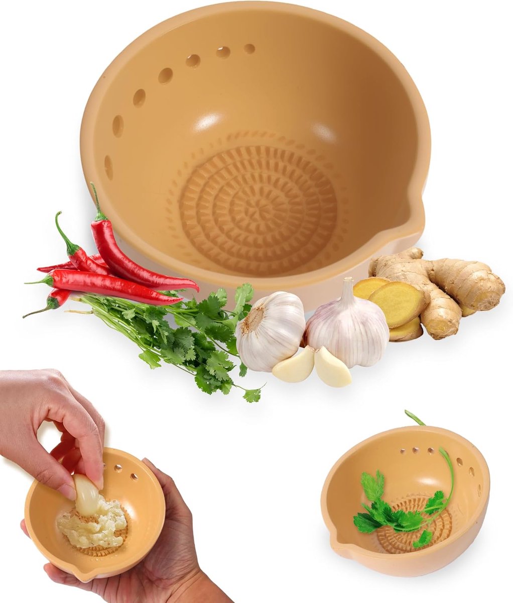 1 Kruidenontstelkom - 12 × 5,5 cm - 7-gaats ontwerp - 2-in-1 - Ingebouwde knoflookmolen - Geschikt voor boerenkool, bieten, broccoli, tijm, basilicum, rozemarijn, etc. - Bruine kleu