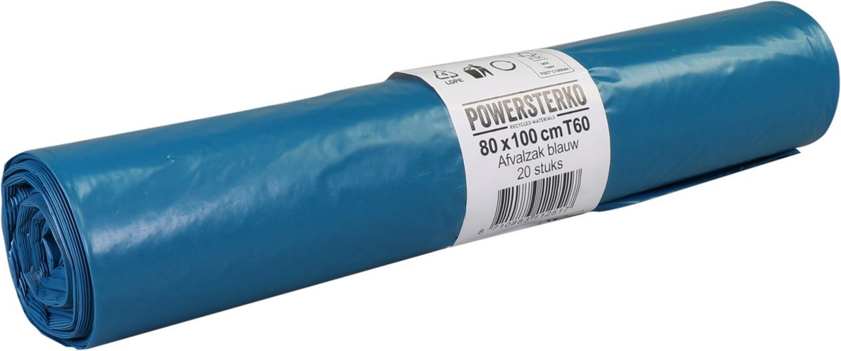 PowerSterko T60 Vuilniszakken – 80x110cm – Extra Sterk – Blauw – 200 stuks (10 rollen)