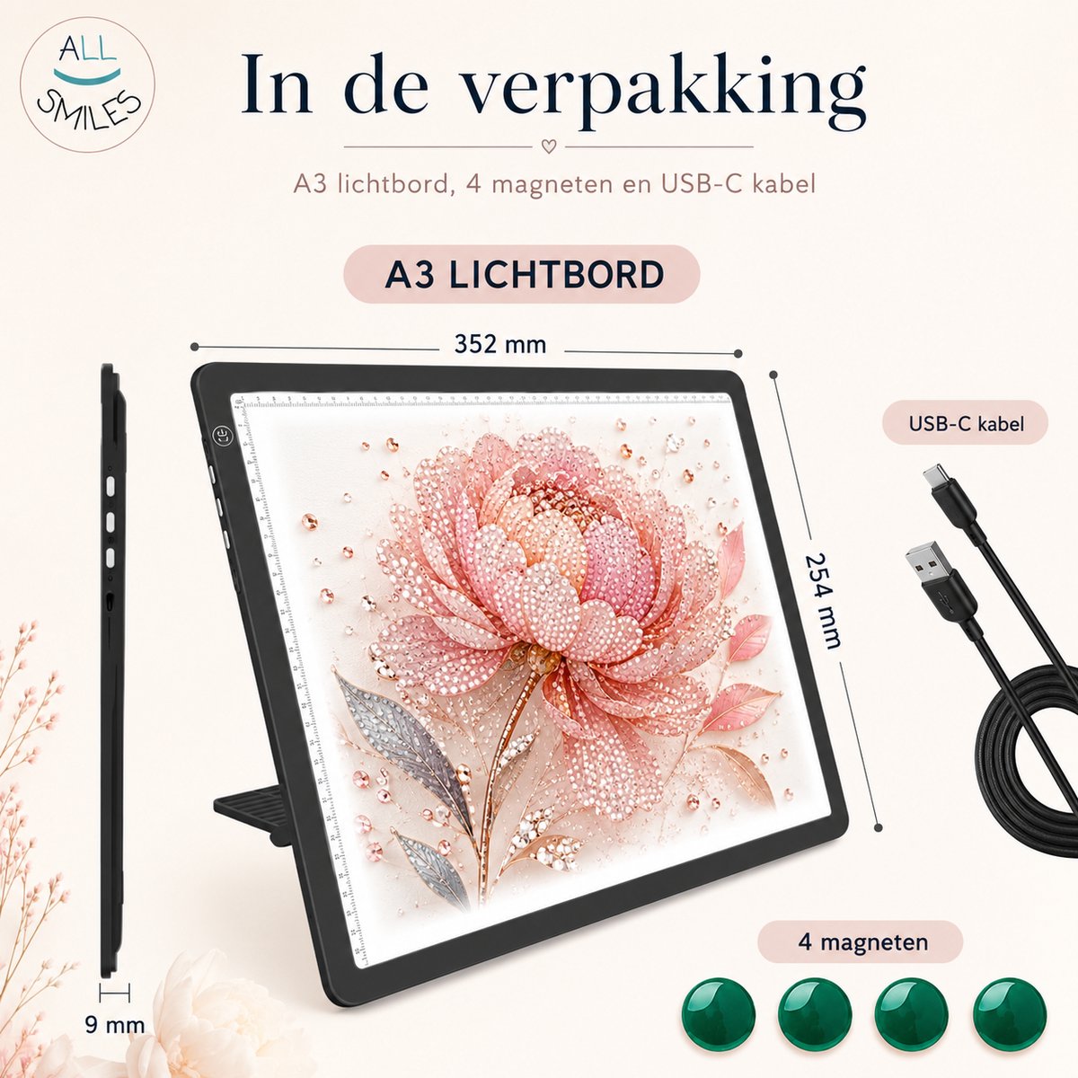 A3 Lightpad Lichtbak Diamond Painting Volwassenen | Oplaadbaar Magnetisch | All Smiles Premium Tekenbord | 2026 MODEL | Tekenen Schetsen Hobby — afbeelding 8