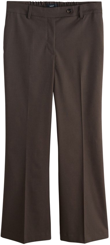 Bruine damesbroek met bootcut pasvorm, met persvouw en knoopsluiting.