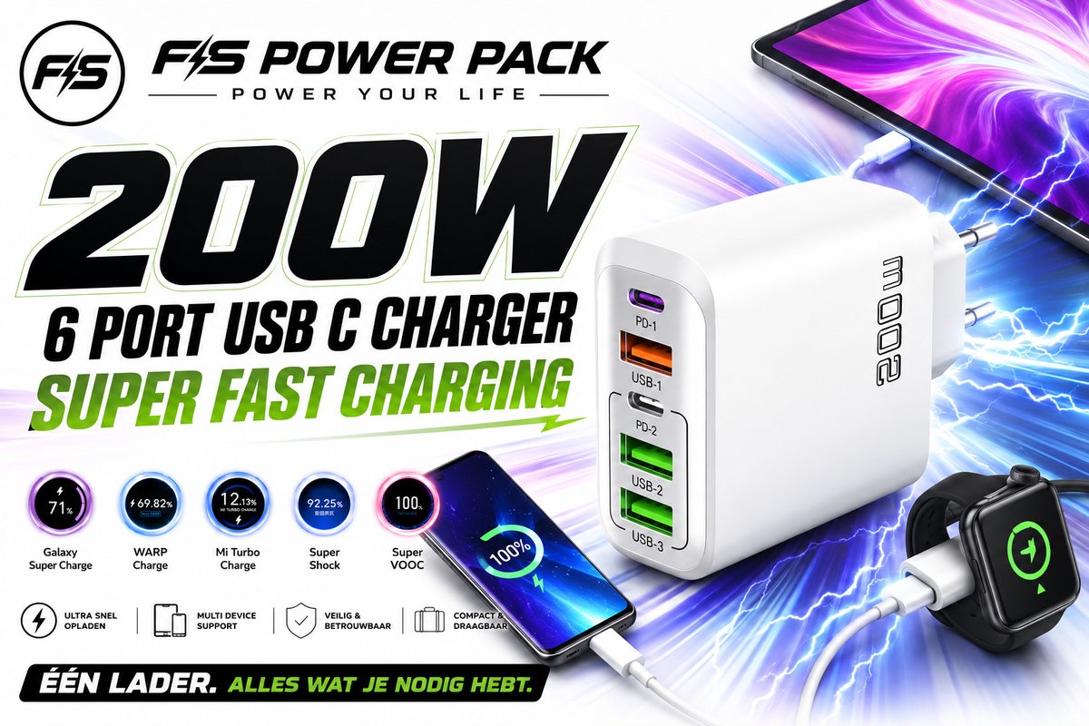 Super Fast Charging – 200W FS Power Pack 200W Snellader 5 Poorten – 3x USB-A + 2x USB-C PD 3.0 & QC3.0 – Universele Oplaadadapter – Voor iPhone, Samsung, Xiaomi, Huawei – CE Gecertificeerd