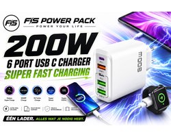 Super Fast Charging – 200W FS Power Pack 200W Snellader 5 Poorten – 3x USB-A + 2x USB-C PD 3.0 & QC3.0 – Universele Oplaadadapter – Voor iPhone, Samsung, Xiaomi, Huawei – CE Gecertificeerd