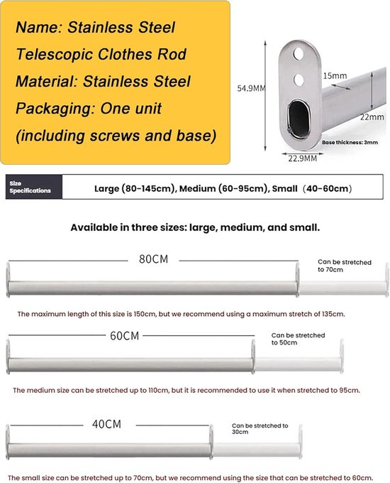Garderobestang - Kledingroede - Kleding Opbergen - Uitschuifbaar Telescopisch - 40-140 cm - Grijs — afbeelding 2