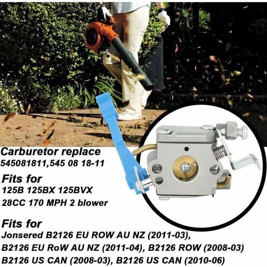 Carburateur geschikt voor de Husqvarna 125B, 125BX, 125BV en 125BVX handföhns, model 545112101. Ook geschikt geschikt voor de modellen 581798001, 590460102 en 545081811. — afbeelding 4