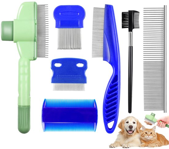Set van 7 dierenkammen in blauw en groen, waaronder kammen voor vlooien en klitten. Een golden retriever en een kat liggen op de voorgrond.