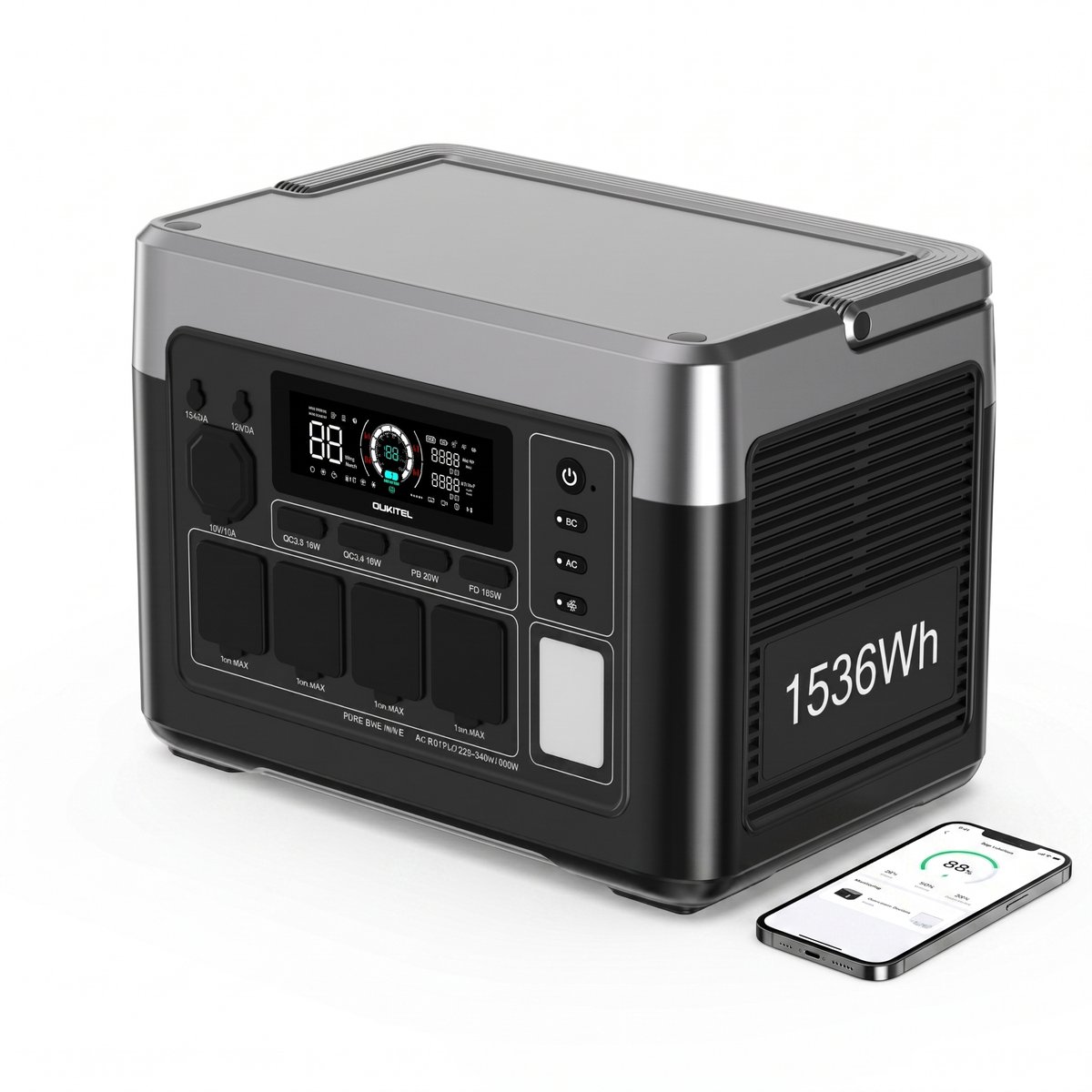 OUKITEL P1500E Plus Draagbare Powerstation – 1536Wh Capaciteit – 1800W (3600W piek) – LiFePO4 Accu –Generator, 4x AC-uitgang, 1200W Snelladen, 11 Poorten – Camping & Noodstroom – Zwart