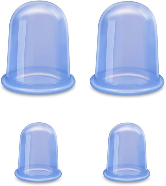 Vier blauwe siliconen cups: twee grote en twee kleine, op witte achtergrond.