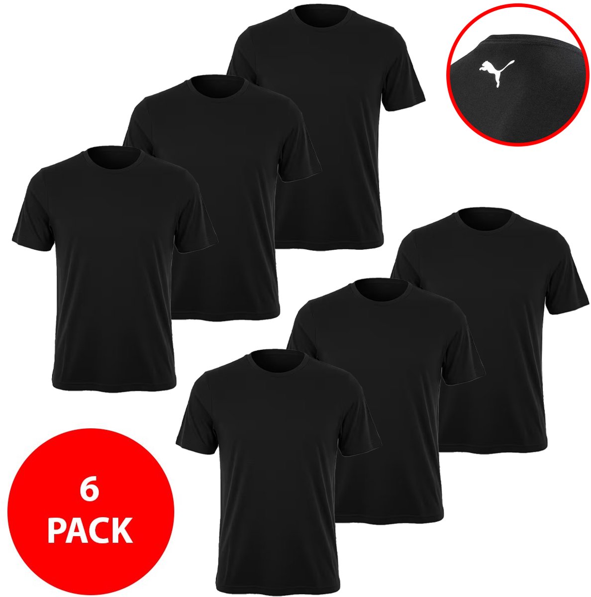 PUMA Heren T-Shirt 6-Pack – Basic Shirts Heren 100% Katoen Regular Fit Crew Neck Sportief Casual Shirt Zwart