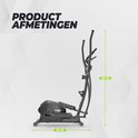 Zwarte crosstrainer met afmetingen 110 cm lengte en 152 cm hoogte.