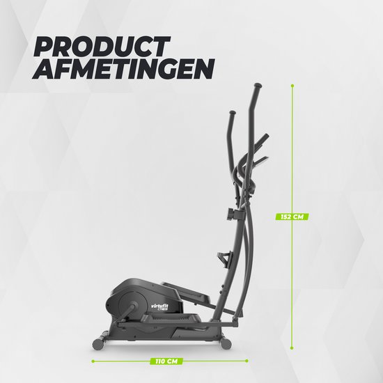 Zwarte crosstrainer met afmetingen 110 cm lengte en 152 cm hoogte.