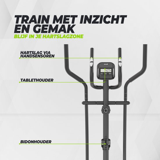 Zwarte crosstrainer met duidelijke indicaties voor hartslagsensoren, tablethouder en bidonhouder.