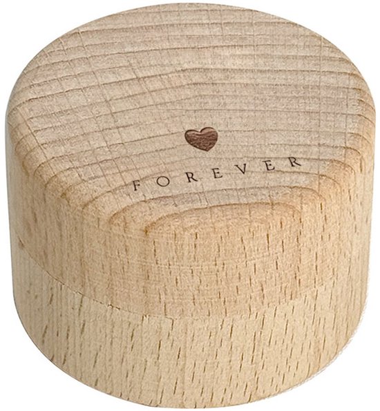 Gesloten houten potje met een hartje en tekst 'FOREVER'.