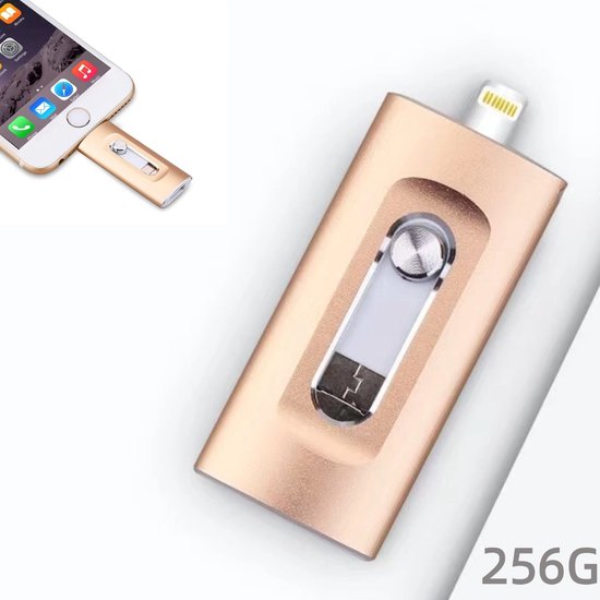 256 GB Snelle USB Flash Drive - Usb Stick - Apple/Android/PC 3-in-1 - Geschikt voor iPhone - Perfecte Opslag voor Foto's, Video's, en Bestanden - Externe Gegevens opslag - Plug-and-Play - Draagbare USB Stick - Hoge snelheid - cadeau voor mannen（goud）