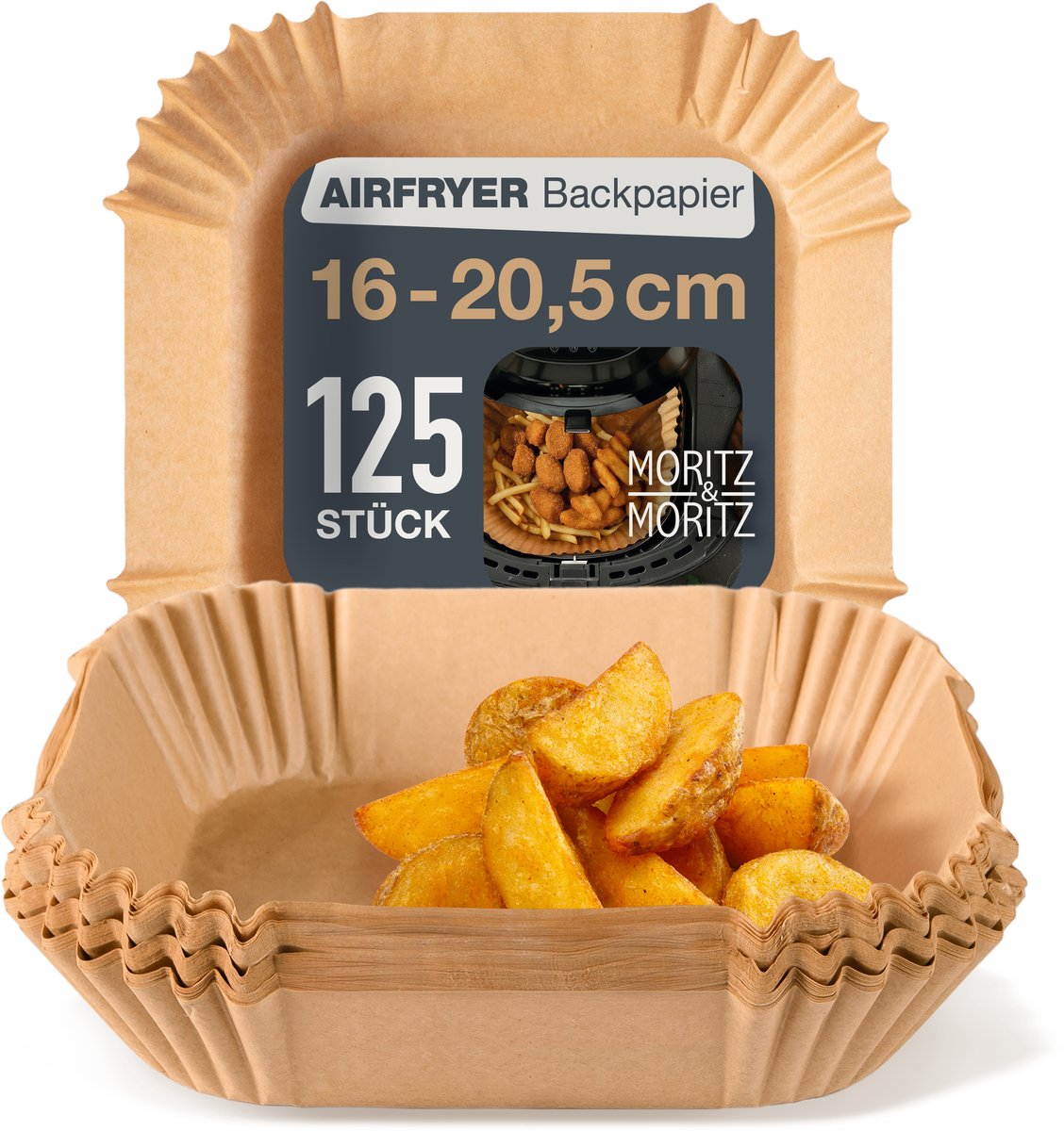 Moritz & Moritz Airfryer Bakpapier - 125 Stuks Vierkant - 16x16 cm - Airfryer Accesoires - Heteluchtfriteuse - Luchtfriteuse Wegwerp Bakjes