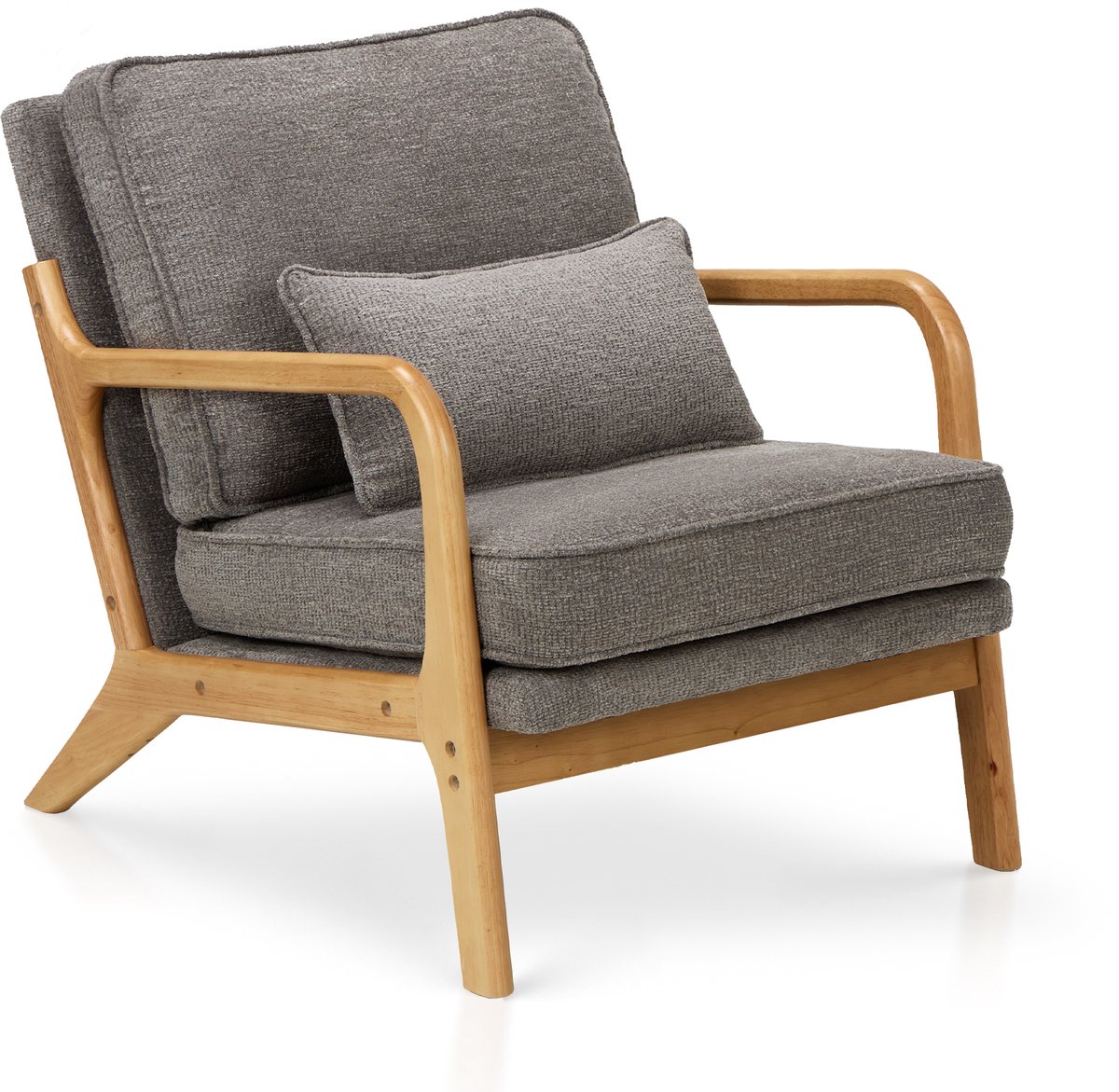 COLAMY midcentury fauteuil — met lendenkussen — massief houten frame — grijs