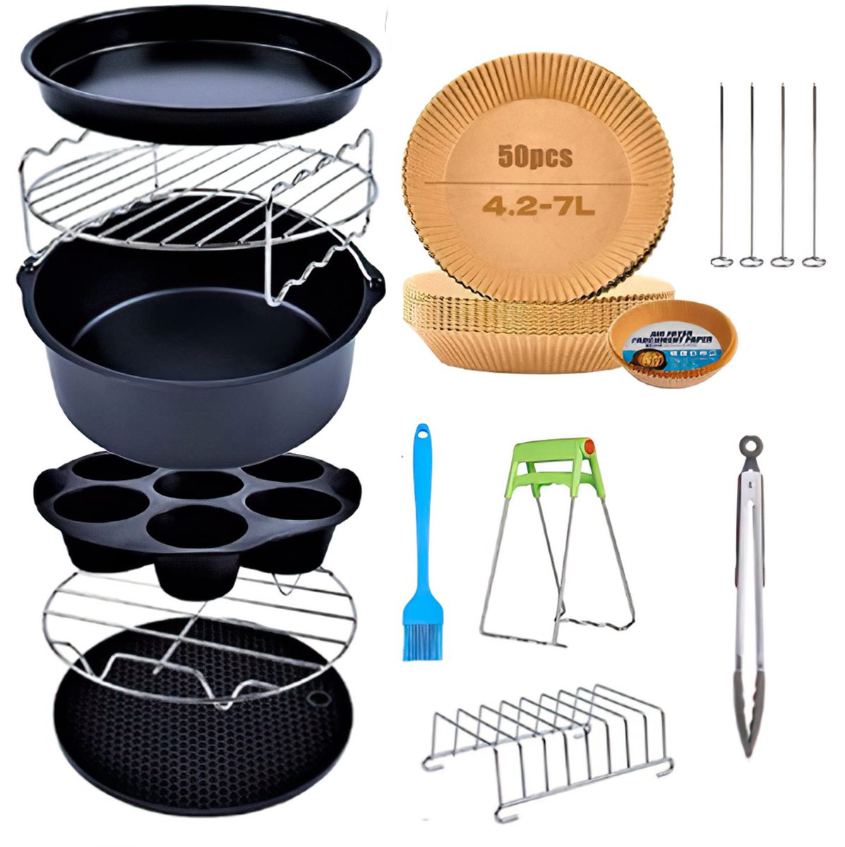 Airfryer Accessoires Set 11-delig – Multifunctionele Bakset voor Airfryer – Universele Roestvrijstalen en Siliconen Accessoires (≥22cm)