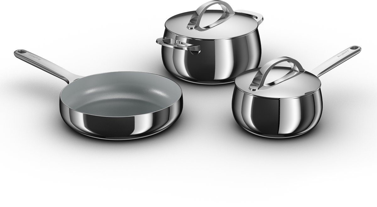 BergHOFF Home Belly Pannenset 5-delig – RVS Steelpan & Kookpot met Deksel – PFAS-Vrije Koekenpan met Keramische Antiaanbaklaag – Inductie & Ovenbestendig – Stellar Steel