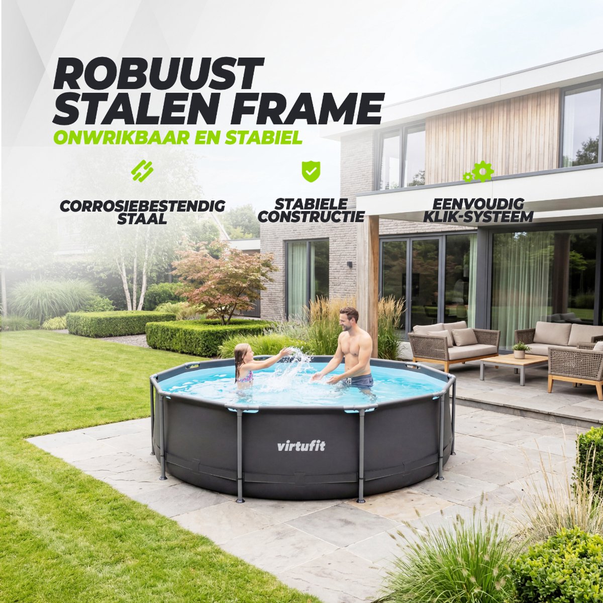 VirtuFit Rond Zwembad Ø244 x 76 cm - Opzetzwembad - Duurzaam & Veilig Stalen Frame - Antraciet — afbeelding 20