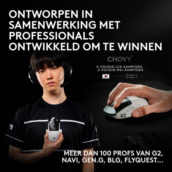 Professionele e-sporter met koptelefoon, met een gamingmuis in zijn hand en een andere op een muismat. Tekst: 'Ontworpen in samenwerking met professionals, ontwikkeld om te winnen'.