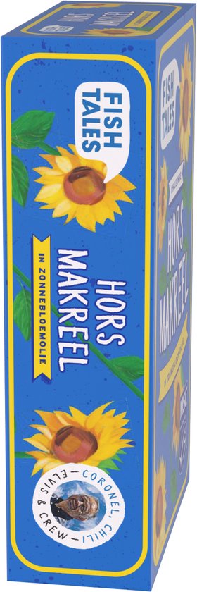 Zijkant van een blauw blik 'Fish Tales' makreel in zonnebloemolie met zonnebloemen en MSC-logo.