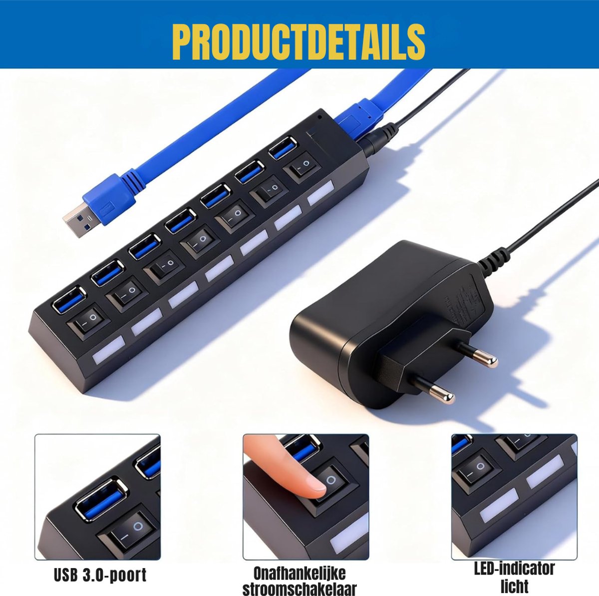 Zyrex® USB Hub met Voeding - USB Hub - USB Splitter - Zwart - 10cm x 10cm x 1cm