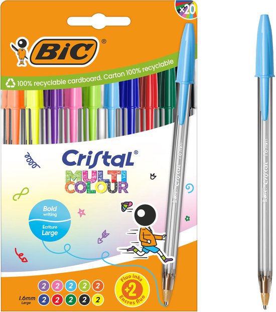 Stylos à bille BIC Cristal Multicolour Pointe Large (1,6 mm) - Couleurs Assorties - Pack de 20 Pièces
