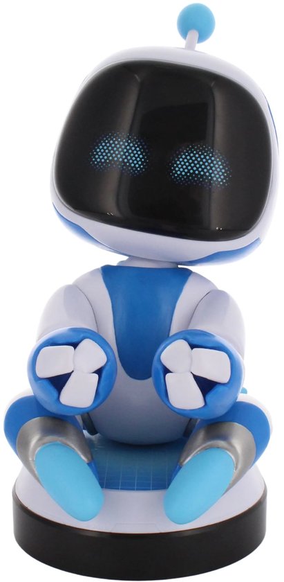 Blauwe en witte Astro Bot figuur, zittend met handen vooruit.