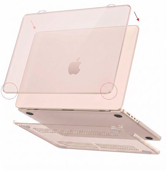 Ordinateur portable rose avec une coque rigide transparente en cours de fixation. Le dessous de l'ordinateur est également montré.