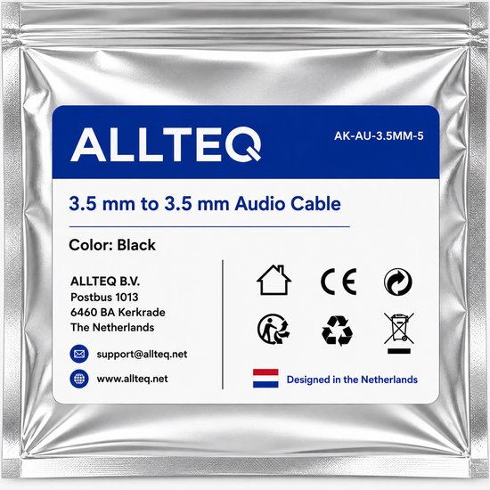 Verpakking van ALLTEQ 3,5mm naar 3,5mm audiokabel, zwart. Ontworpen in Nederland.
