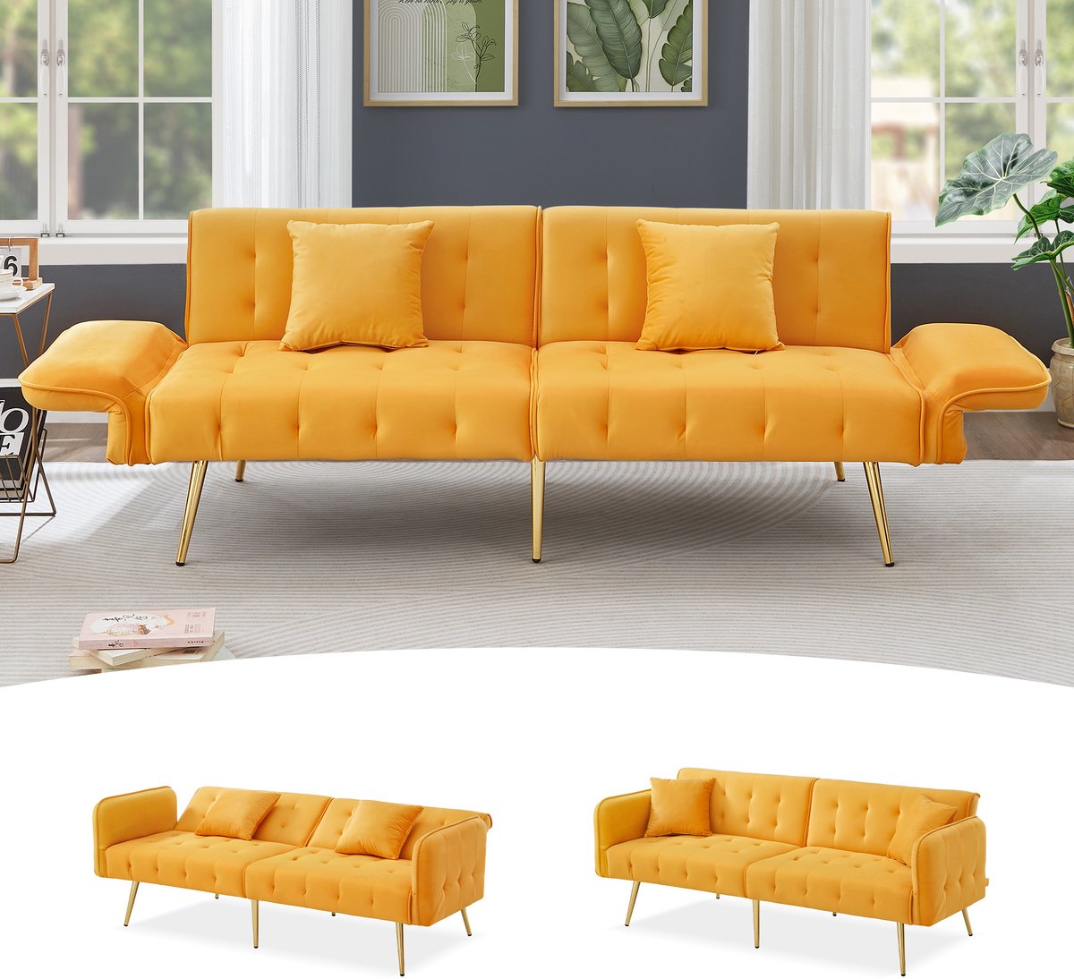 HAUSS SPOLE Sofa - 2-Zits Multifunctionele Slaapbank - Verstelbare Rugleuningen & 6-standen Armleuningen - 215x81,5 cm - Bank / Sofa - Velours Geel