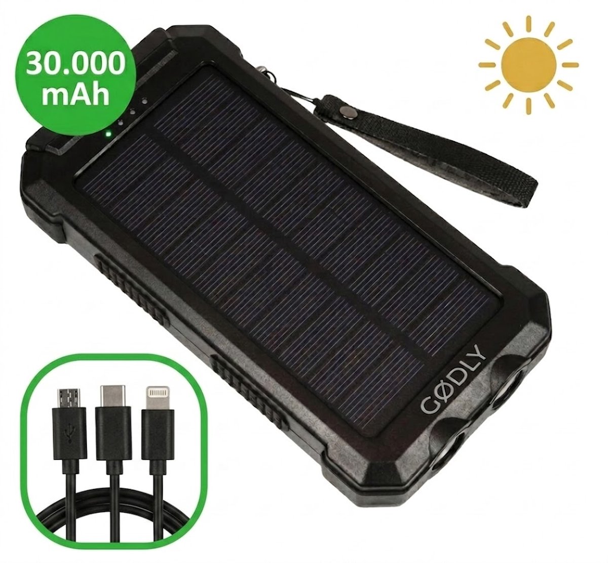 GØDLY® Solar Powerbank - 30000 mAh - Solar Charger - Powerbank Zonneenergie - 5 poorten - 2023 Model - Geschikt voor iPhone, Samsung en meer - 12 Maanden Garantie